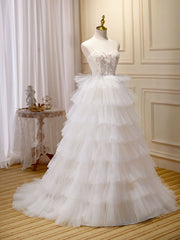 Ball-Gown/Princess Tulle White Long Prom Dresses With Beading Flower Cascading Ruffles