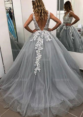 Ball Gown Sleeveless Long Floor Length Tulle Prom Dress With Lace Appliqued Beading