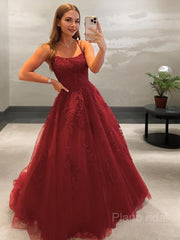 Ball Gown Spaghetti Straps Sweep Train Tulle Prom Dresses With Appliques Lace