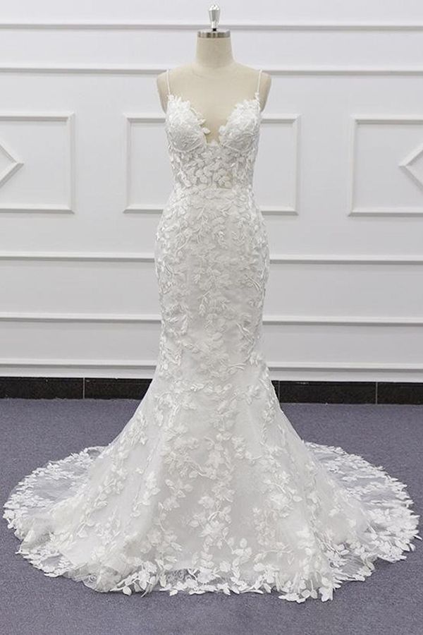 Best Long Mermaid Spaghetti Strap Appliques Lace Wedding Dress