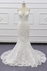 Best Long Mermaid Spaghetti Strap Appliques Lace Wedding Dress