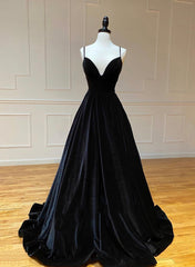 Black A-Line Velvet Long Prom Dresses, Black Evening Dresses