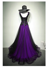 Black and Purple V-neckline A-line Prom Dress, Tulle with Lace Party Dress