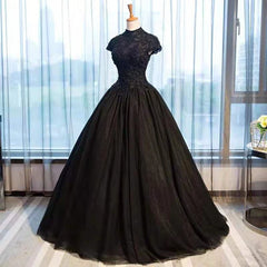 Black Cap Sleeves Long Tulle Party Dress, Black Prom Dress