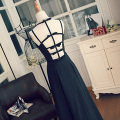 Black Chiffon Straps Long A-line Junior Prom Dress, Black Party Gowns