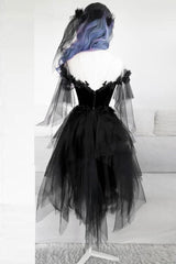 BLACK ROUND NECK TULLE LACE SHORT PROM DRESS BLACK EVENING DRESS