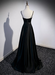 Black Satin Straps Long Party Dress, Black Sweetheart Long Evening Dress Prom Dress