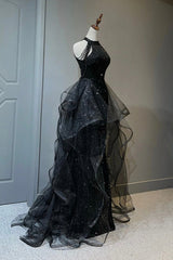 Black Shiny Tulle Long Party Dress with Beaded, Black Evening Dress