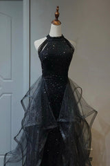 Black Shiny Tulle Long Party Dress with Beaded, Black Evening Dress