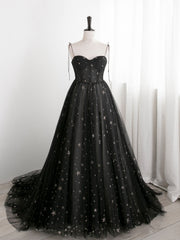 Black Sweetheart Tulle Straps Long Formal Dress, Black Evening Party Dresses