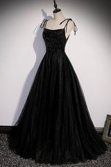 Black Tulle Beaded Long Prom Dress, A-Line Spaghetti Straps Evening Dress