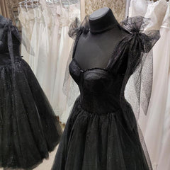 Black Tulle Floor Length Long Party Dress with Slit, Black Evening Dresses