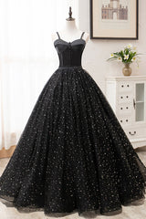 Black Tulle Long Prom Dress, Black Spaghetti Straps Formal Evening Gown