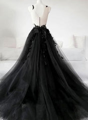 Black Tulle Party Dress with Lace Long Prom Dress, Pretty Black Evening Dress