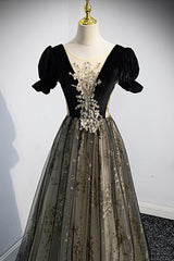 Black Tulle Sequins Long Prom Dress, Black A-Line Formal Evening Dress