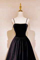 Black Velvet Long Prom Dress with Pearls, Black Spaghetti Straps Evening Party Dress