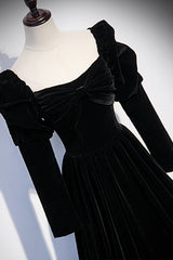 Black Velvet Long Sleeve Prom Dress, A-Line Evening Party Dress