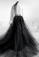 Black Lace Long Prom Dress, A-Line Backless Evening Dress