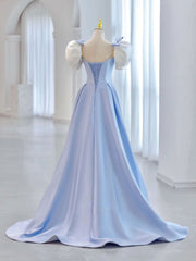 Blue A-Line Satin Long Prom Dresses, Blue Satin Formal Evening Dress