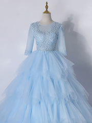 Blue A-Line Tulle Lace Long Prom Dress, Blue Lace Formal Evening Dresses