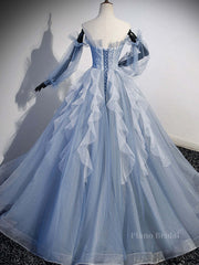 Blue A-Line Tulle Lace Long Prom Dresses, Blue Formal Evening Dresses