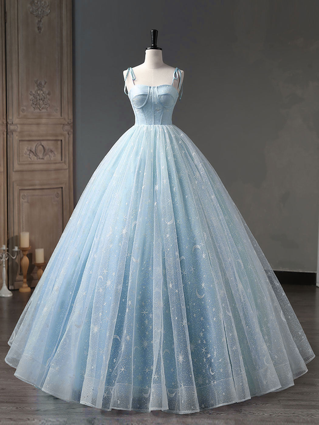 Blue A-Line Tulle Long Prom Dress, Blue Formal Sweet 16 Dress