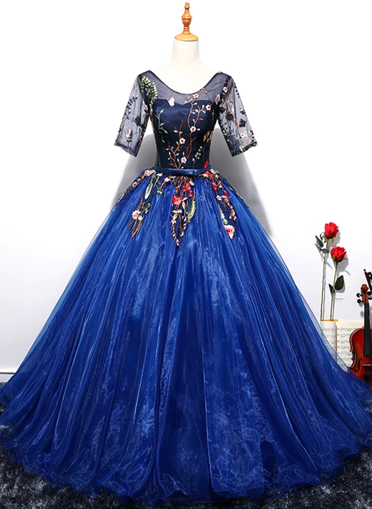 Blue Ball Gown Tulle with Lace Short Sleeves Party Dress, Blue Sweet 16 Dress