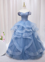 Blue Beaded Off Shoulder Tulle Long Formal Dress, Blue Evening Dress Prom Dress