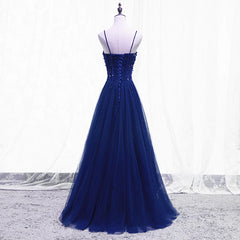 Blue Beaded Straps A-line Tulle New Prom Dress Party Dress, Blue Floor Length Party Dress