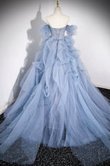 Blue Cascading Ruffles Long Prom Dresses, A-Line Strapless Short Sleeve Sweep Train Evening Dress