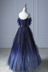 Blue Gradient Tulle Long Prom Dress, Spaghetti Strap Evening Dress