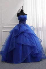 Blue Lace Strapless Ball Gown Formal Dress, Blue Long Sweet 16 Dress