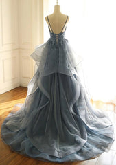 Blue Lace Top with Layers Tulle Prom Dress, New Straps Evening Gown