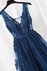 Blue Long A-line Bridesmaid Dress, Dark Blue Tulle Party Dress