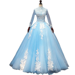 Blue Long Sleeves lace Tulle Sweet 16 Dress, Light Blue Ball Gown Formal Dress, Party Dress