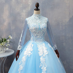 Blue Long Sleeves lace Tulle Sweet 16 Dress, Light Blue Ball Gown Formal Dress, Party Dress