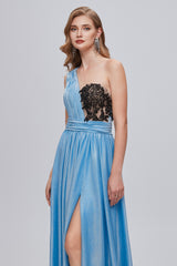 Blue One Shoulder Ruched Long Prom Dresses with Applique