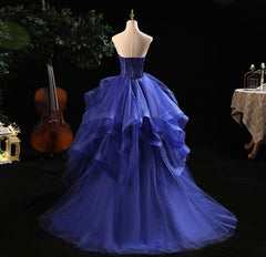 Blue Prom Dresses Ruffles Tiered Crystal Beaded Top FormalParty Dress, High Low Prom Dress