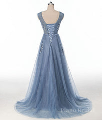 Blue round neck tulle lace applique long prom dress, blue evening dress