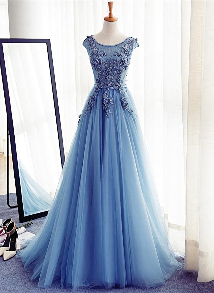 Blue Round Neckline Long Applique Elegant Senior Formal Dress, Long Party Gowns