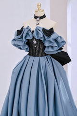 Blue Satin Lace Long Prom Dress, Off Shoulder Evening Party Dress