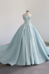 Blue Satin Long A-Line Formal Dress, Blue Prom Evening Dress