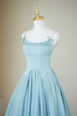 Blue Satin Long A-Line Prom Dress, Spaghetti Straps Evening Dress