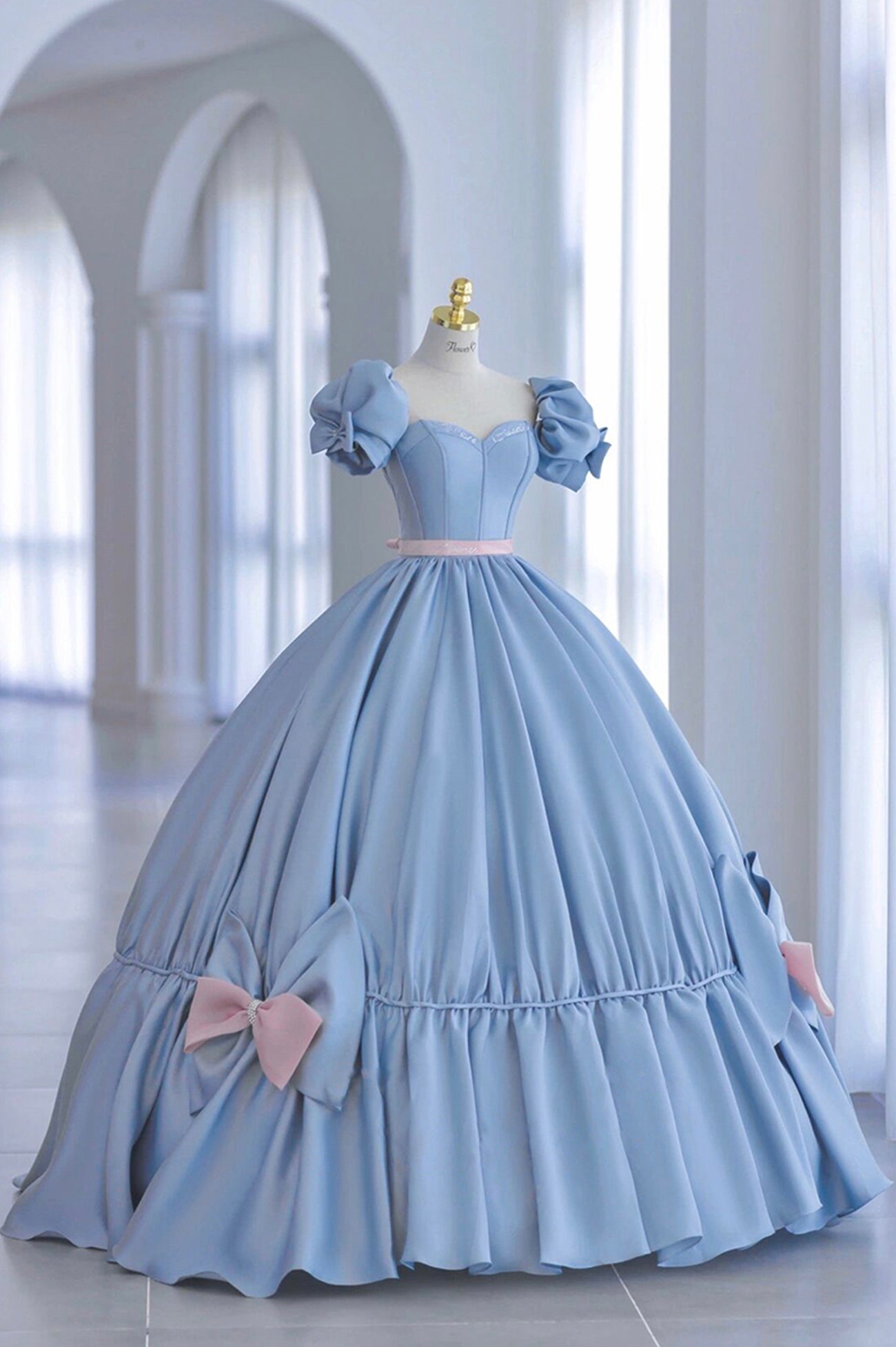 Blue Satin Long Princess Dress, Cute Short Sleeve Ball Gown Sweet 16 Dress