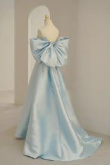 Blue Satin Long Prom Dress with Big Bow, Blue A-Line Evening Party Dress