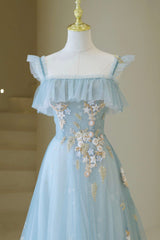 Blue Spaghetti Strap Lace Long Prom Dress, Cute A-Line Graduation Dress