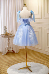 Blue Spaghetti Strap Lace Short Prom Dress, Lovely A-Line Homecoming Dress