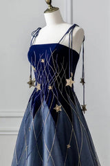 Blue Spaghetti Strap Long Prom Dress with Star, Blue Evening Party Dress