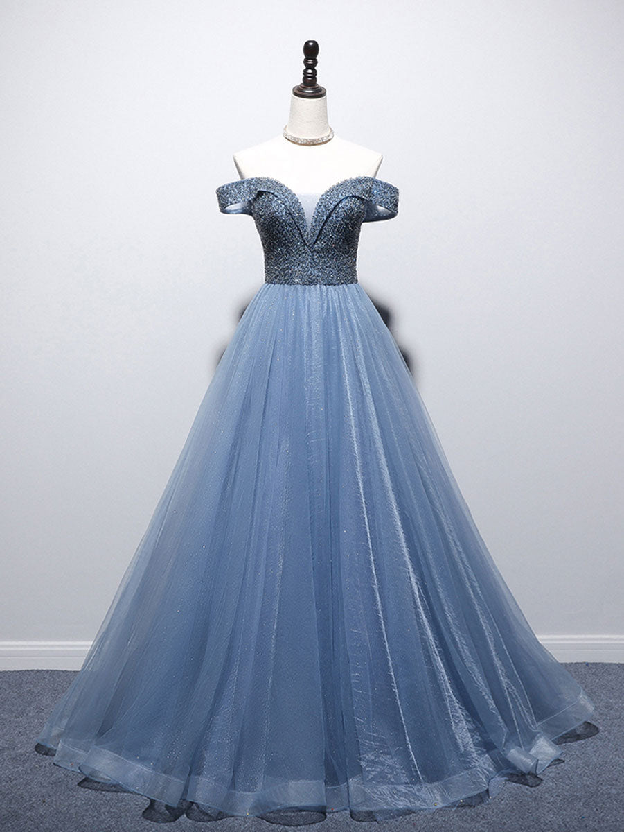 Blue Sweetheart Neck Beads Long Prom Dress, Blue Tulle Formal Dress With Beading Sequin