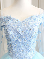 Blue Sweetheart Neck Tulle Lace Long Prom Dress, Blue Evening Dress